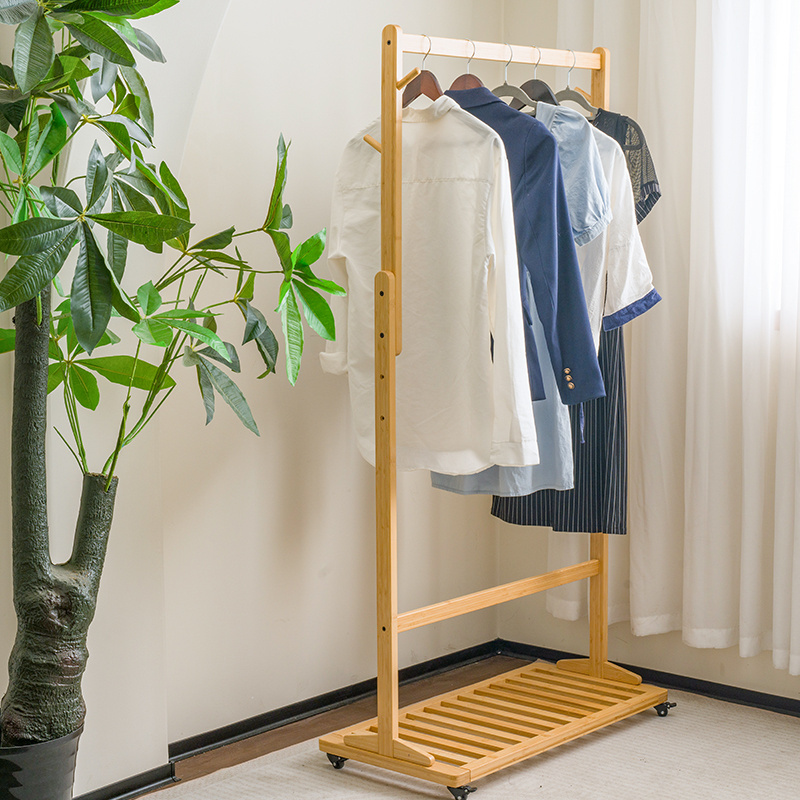 AiLiKEA PLANT HOT SALE OEM&ODM CUSTOMIZED High Quality Simple Wheeled Bamboo Clothing Rack Clothes Standing Coat Rack