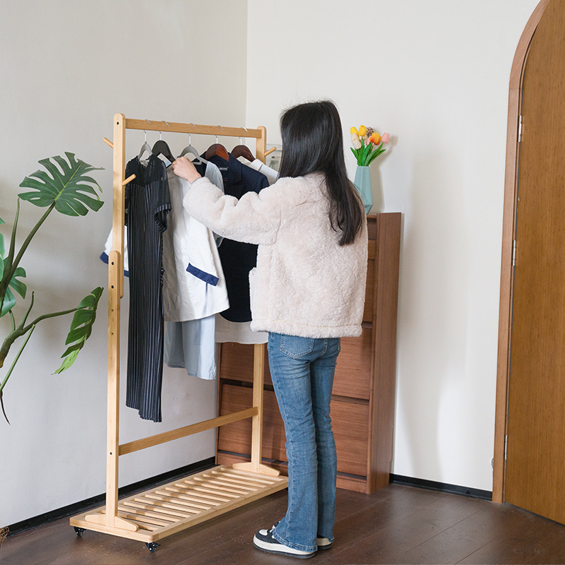 AiLiKEA PLANT HOT SALE OEM&ODM CUSTOMIZED High Quality Simple Wheeled Bamboo Clothing Rack Clothes Standing Coat Rack