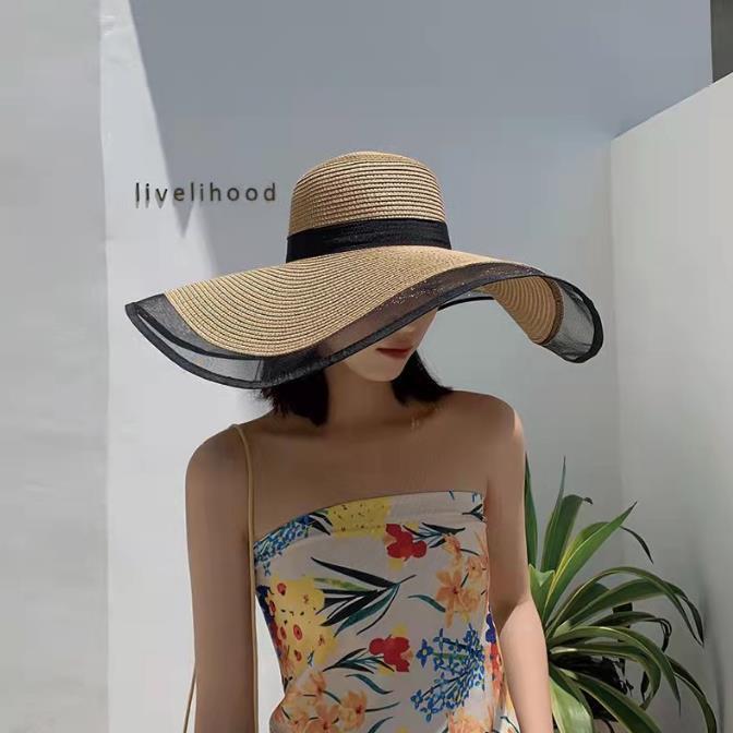 Summer French Gauze Straw Hat 16 CM Wide Brim Beach Outdoor Sunhat Herben Holiday Beach Hat