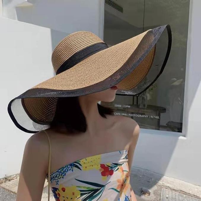 Summer French Gauze Straw Hat 16 CM Wide Brim Beach Outdoor Sunhat Herben Holiday Beach Hat