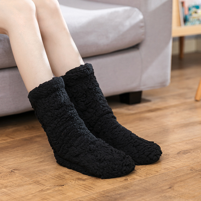 Women Girls Sleeping Slipper Soft Floor slipper socks anti-slip Adults Winter Solid Color Fur slipper socks with rubber sole