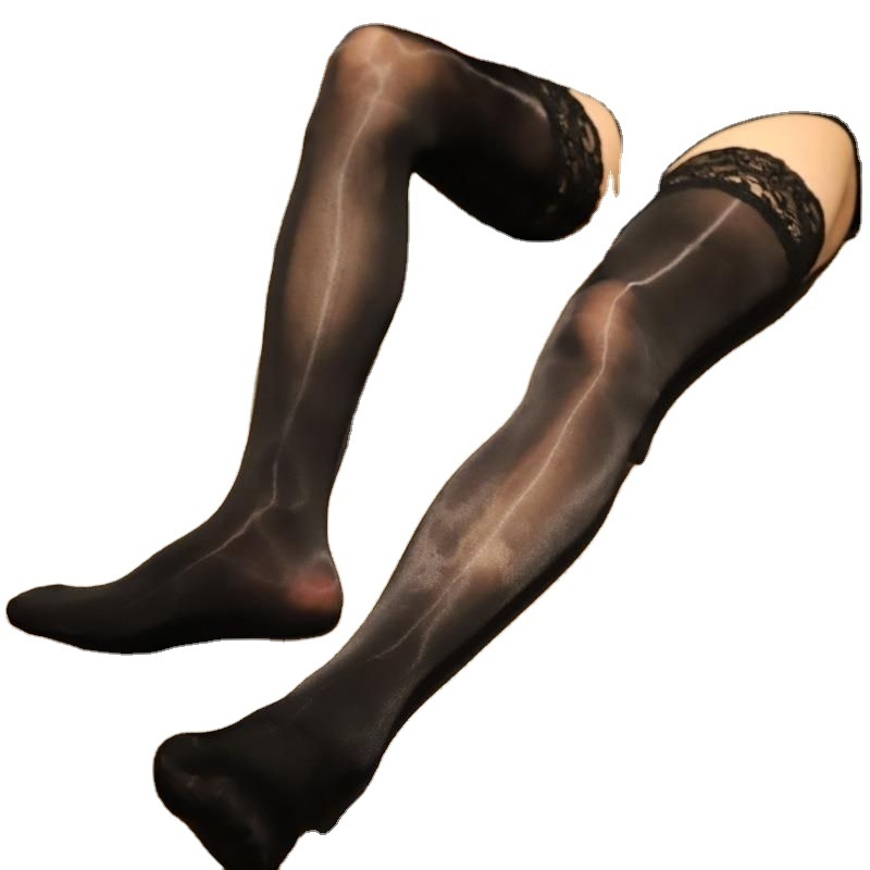 Sexy Oil Shiny black shiny glossy seamless pantyhose Stockings Knee High Lace Transparent pantyhose men  Nylon Stockings