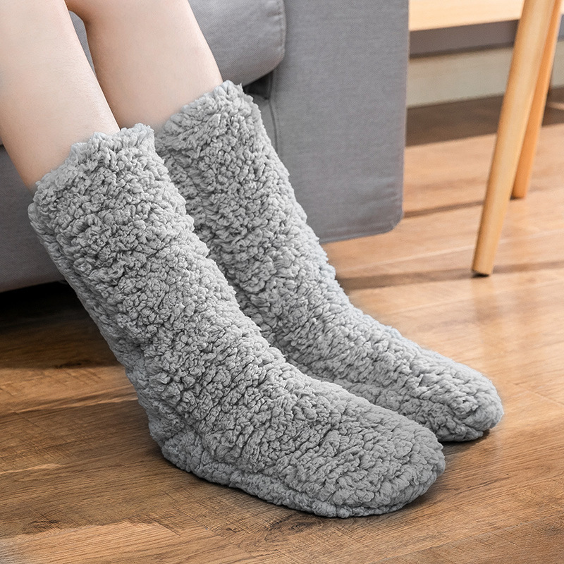 Women Girls Sleeping Slipper Soft Floor slipper socks anti-slip Adults Winter Solid Color Fur slipper socks with rubber sole