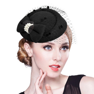 Bridal Wedding Party Women Veil Fascinator Hat with Clips Feather Pearls Stewardess Cap Party Kentucky Derby Headpiece