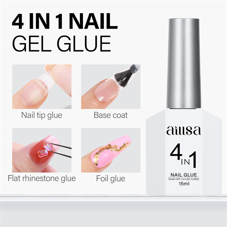 Aillsa  Long Lasting Brush On 4 in 1 Super Strong Nail Gel Glue Acrylic Fake Nail Tips Rhinestone Pearl Foil Glue