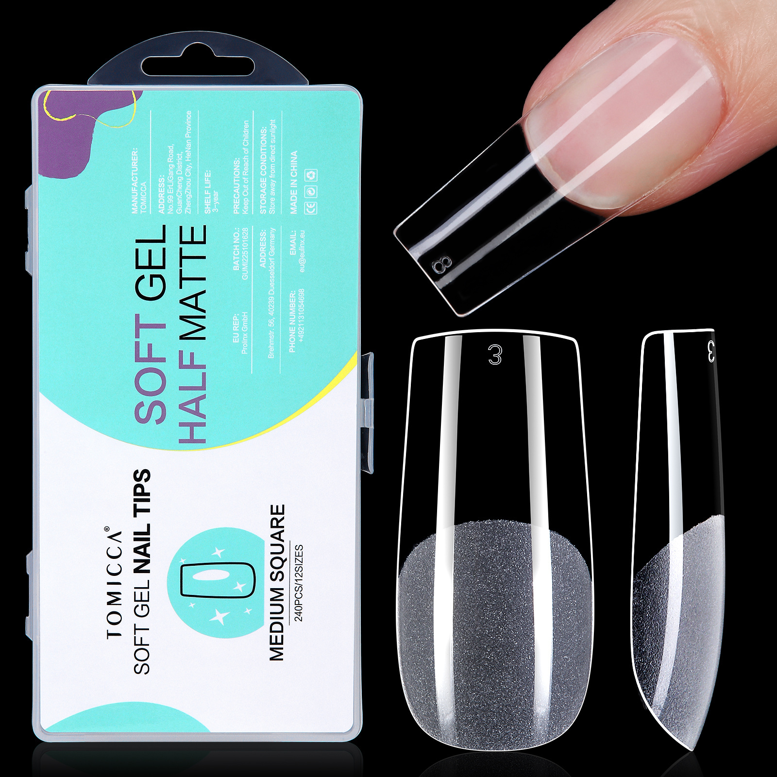 Aillsa 504 PCS 12 sizes half matte full cover pre-shaped medium square nail tips acrylic nail tip clear transparent