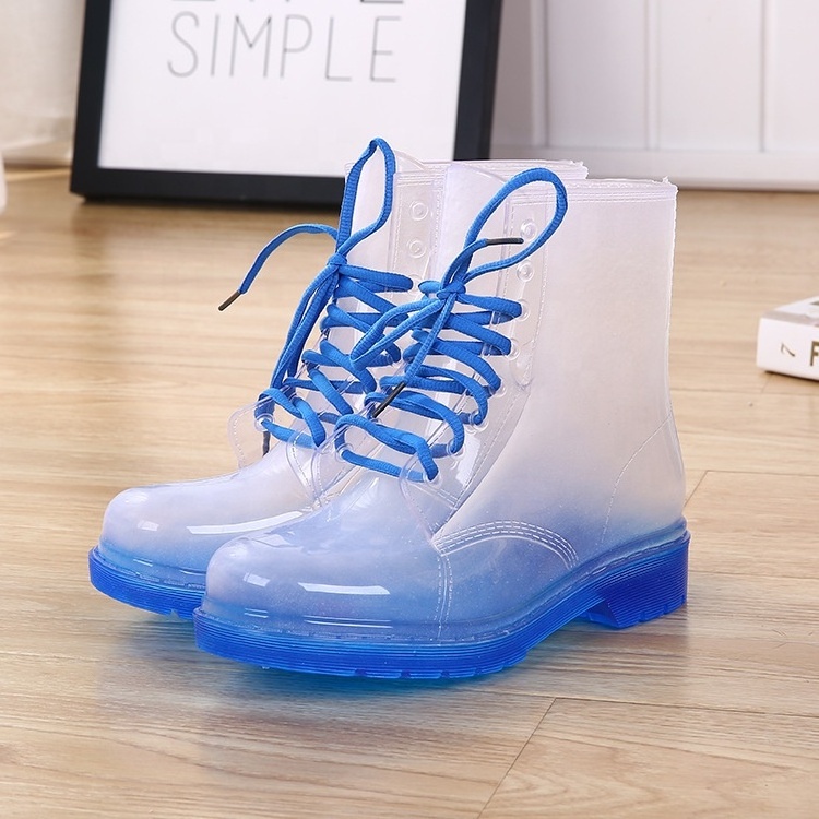 Fashion Transparent Round Toe Rain Boots 2021 Neon Color Green Pink Lace Up Clear PVC Chunky Heel Pumps Shoes Short Ankle Boots