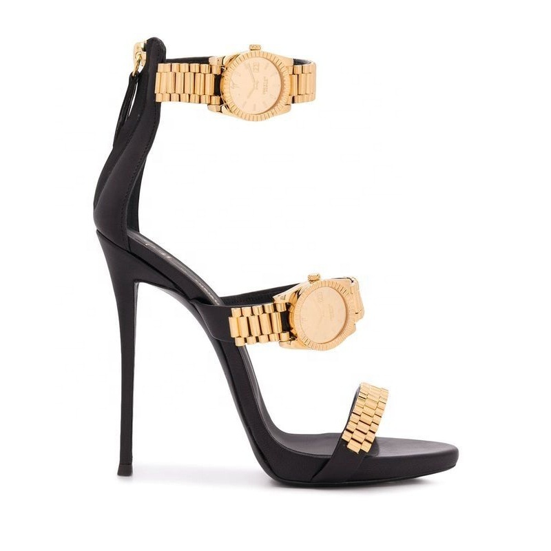 2022 Summer New Fashion Sexy Black Trendy Gold Watch Decoration Simple Large Size Custom Logo Stiletto Sandals Heels For Ladies