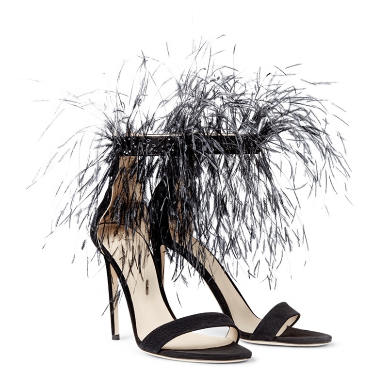 European Style 2022 Summer New Feather Tassels Party Women High Heel Shoes Sexy Black Ankle Strap Stiletto Heels Women Sandals