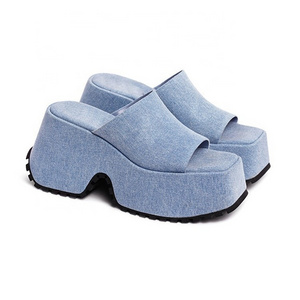 Wholesale Sexy Mature Women High Heel Wedges Platform Sandals Slides Plus Size Thick Bottom Peep Toe Denim PU Beach Slippers