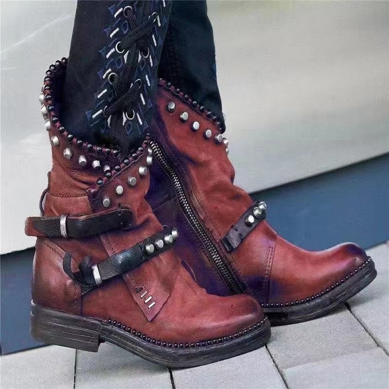 2022 New Arrival Fashion Women Boots Antique Knight's Style Thick Bottom Big Size Shoes Rhinestone Diamond Rivet Motorcycle Boot