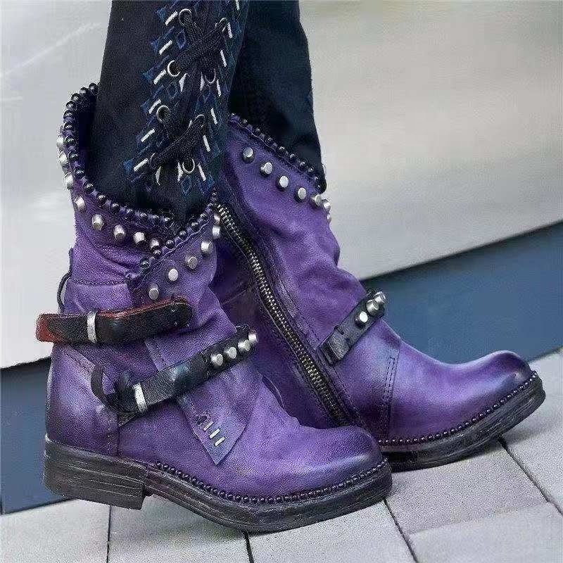 2022 New Arrival Fashion Women Boots Antique Knight's Style Thick Bottom Big Size Shoes Rhinestone Diamond Rivet Motorcycle Boot