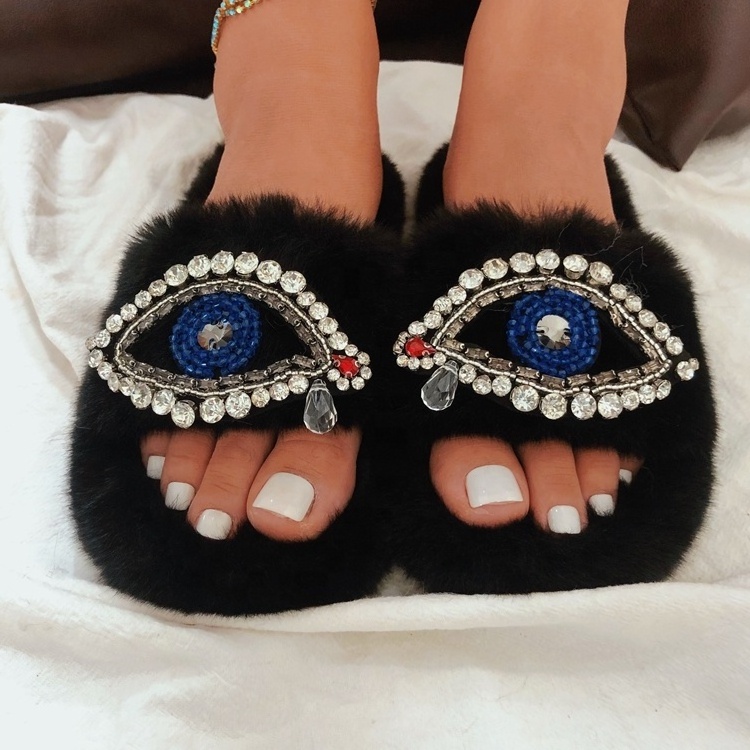 Autumn Winter Wholesale Price Blue Round Toe Strange Diamonds Eyes Pattern Flats Round Toe Cute Shoes Furry Women Casual Slipper