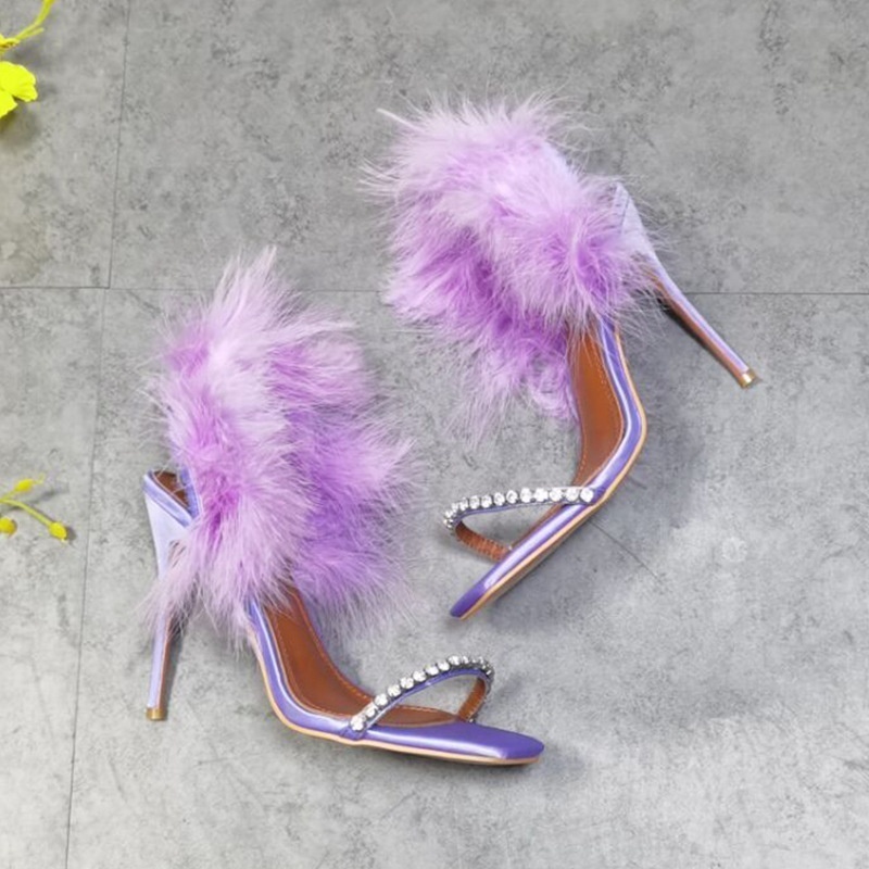 Luxury Elegant Party Wedding Custom Fashion Lady Stiletto High Heels Big Size Feather Fur Diamnod Strap Square Toe Dress Sandals