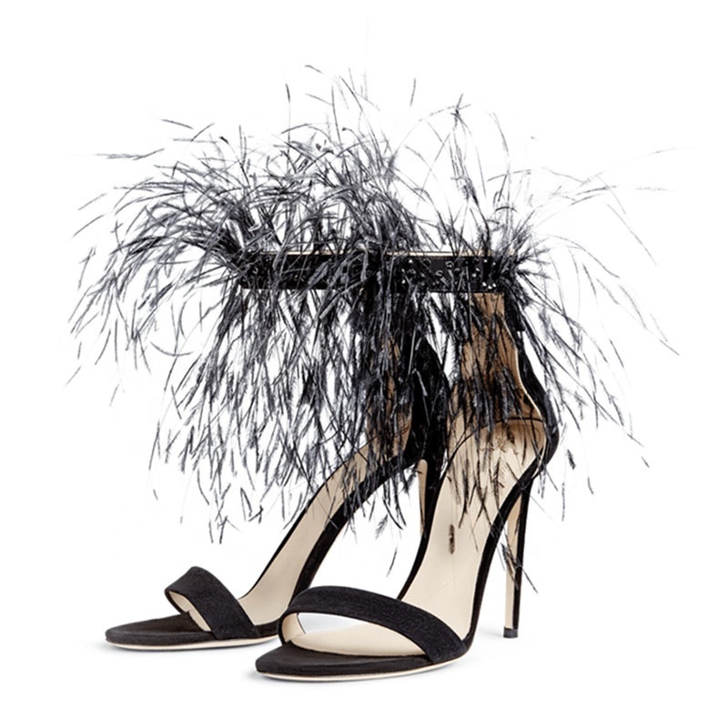 European Style 2022 Summer New Feather Tassels Party Women High Heel Shoes Sexy Black Ankle Strap Stiletto Heels Women Sandals