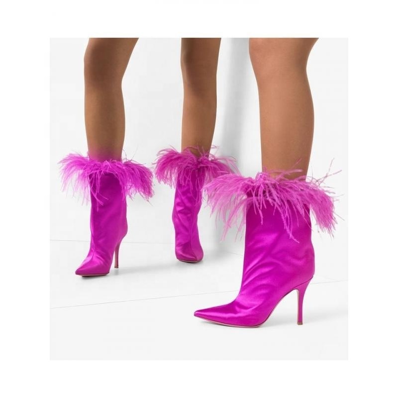 2022 Spring Catwalk Style Ostrich Feather Women Ankle Boots Pointed Toe Quality Satin Fabric Lady Ankle Boots Plus size 34-48