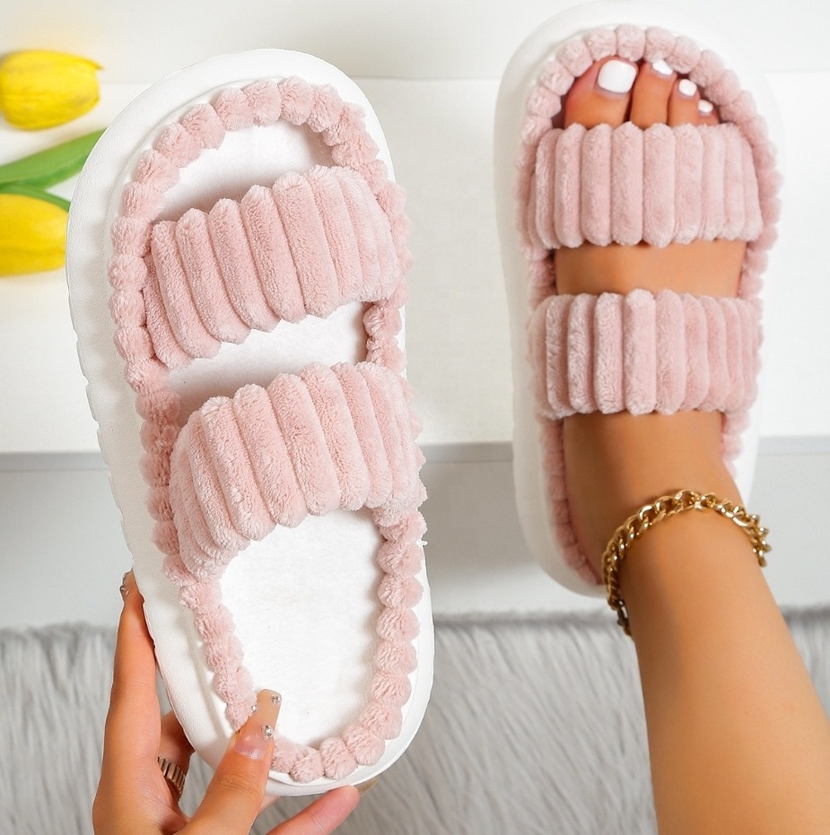 New Style Soft Comfortable Warm Furry Slides Open Toe Strap Winter Home Slippery Big Size Pink Plush Faux Fur Slippers For Women