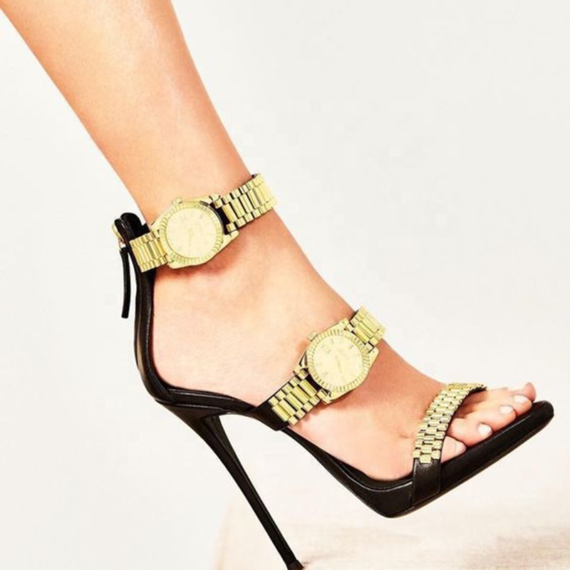 2022 Summer New Fashion Sexy Black Trendy Gold Watch Decoration Simple Large Size Custom Logo Stiletto Sandals Heels For Ladies