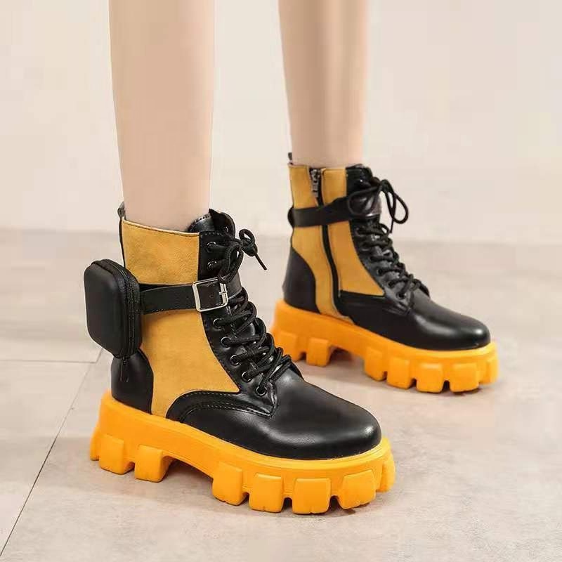 European and American Pocket Backpack Shoes Thick Sole Fashion Color Matching Patchwork Short Boots Lace Up Women Ankle Booties