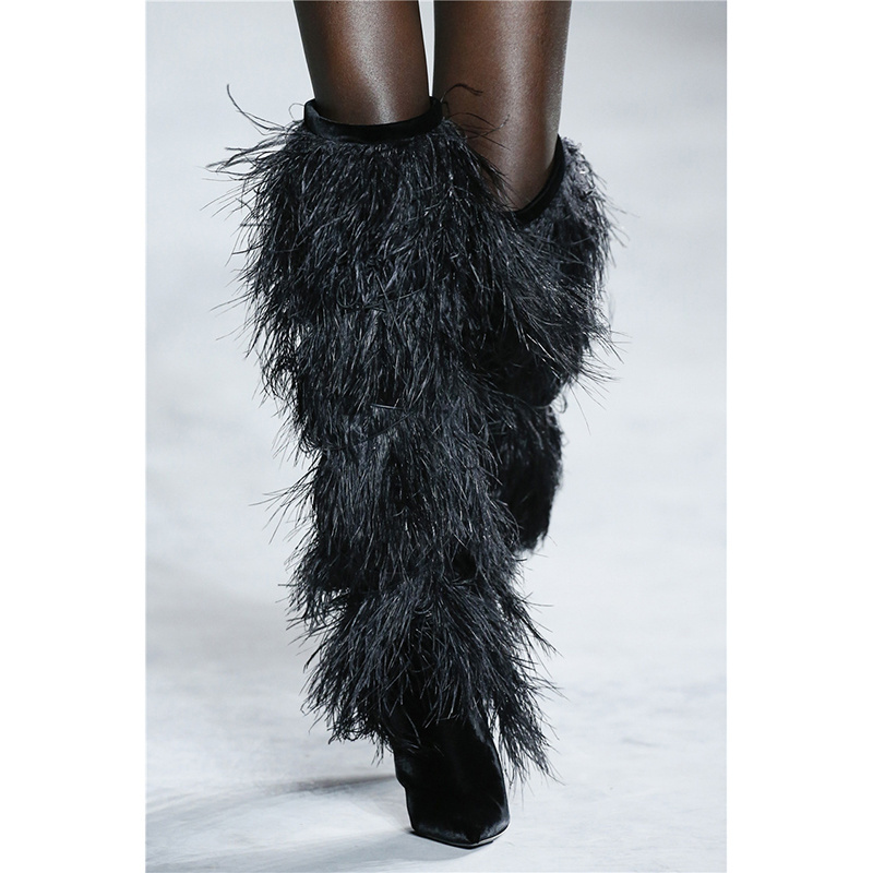 2021 Winter EU Modern Fancywork Thigh High Heel Sexy Women Boots Ostrich Feather High Heel Long Boots For Women Plus Size 34-45