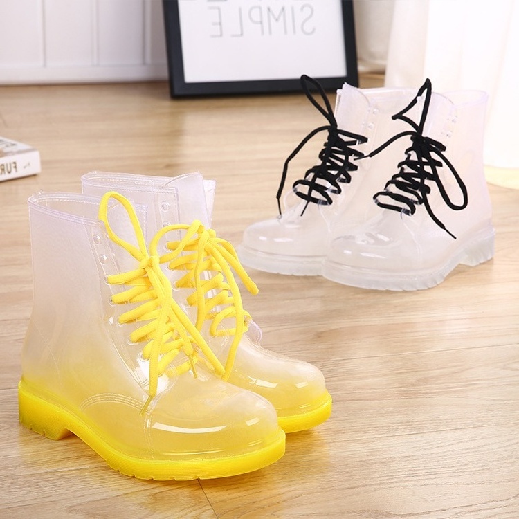 Fashion Transparent Round Toe Rain Boots 2021 Neon Color Green Pink Lace Up Clear PVC Chunky Heel Pumps Shoes Short Ankle Boots