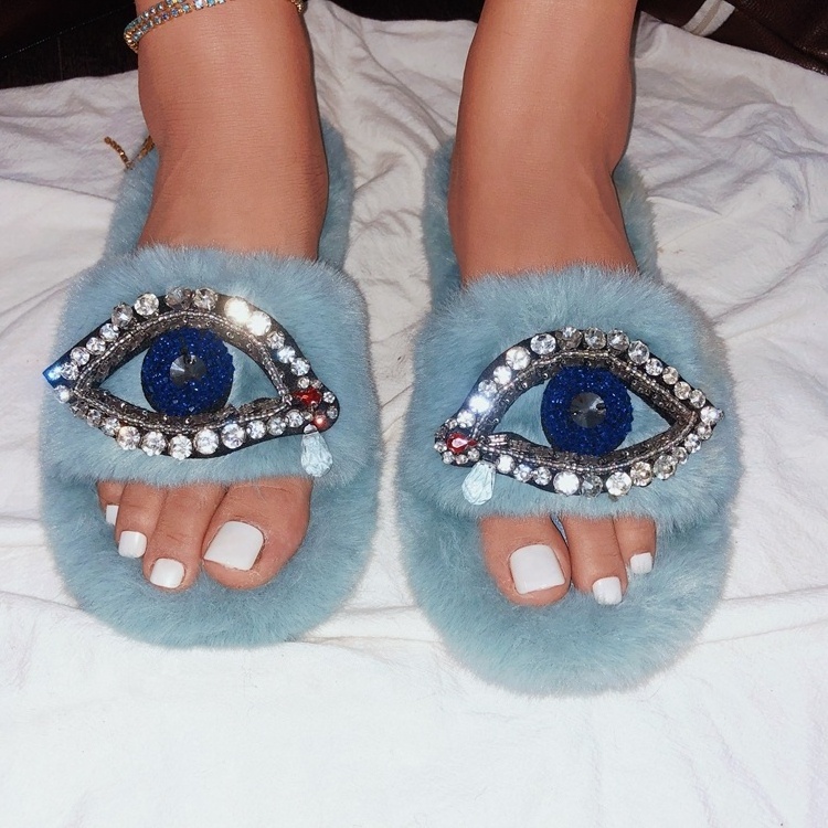 Autumn Winter Wholesale Price Blue Round Toe Strange Diamonds Eyes Pattern Flats Round Toe Cute Shoes Furry Women Casual Slipper