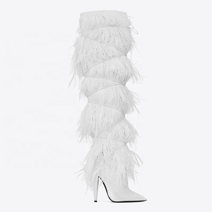 2021 Winter EU Modern Fancywork Thigh High Heel Sexy Women Boots Ostrich Feather High Heel Long Boots For Women Plus Size 34-45