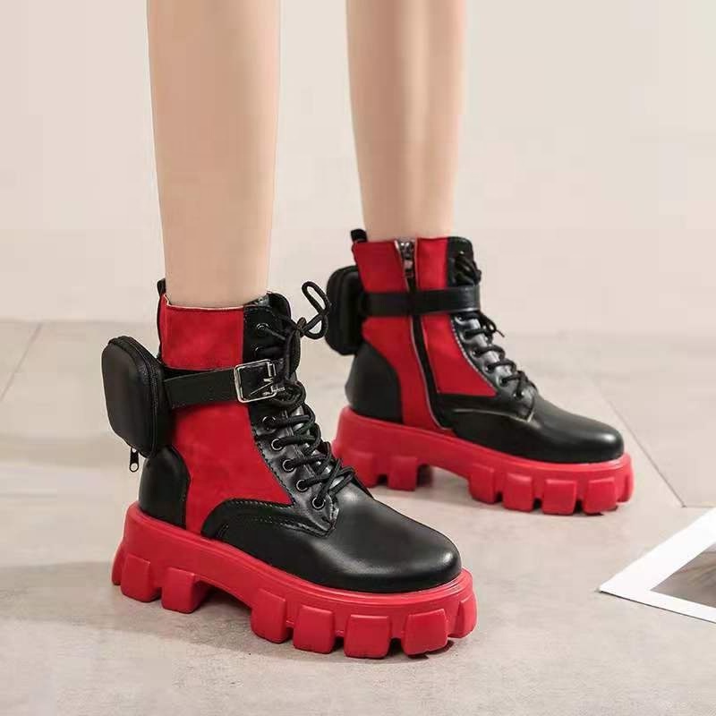 European and American Pocket Backpack Shoes Thick Sole Fashion Color Matching Patchwork Short Boots Lace Up Women Ankle Booties