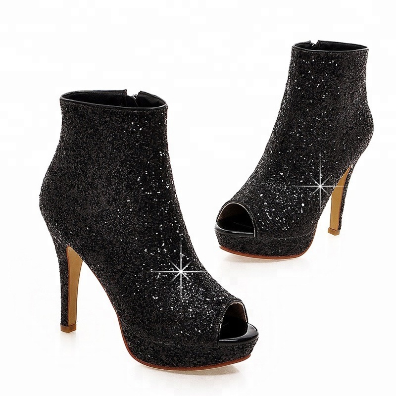 Summer Shiny Glitter High Heels Ankle Boots for Women Shoes Peep-toe Sandals Short Boot