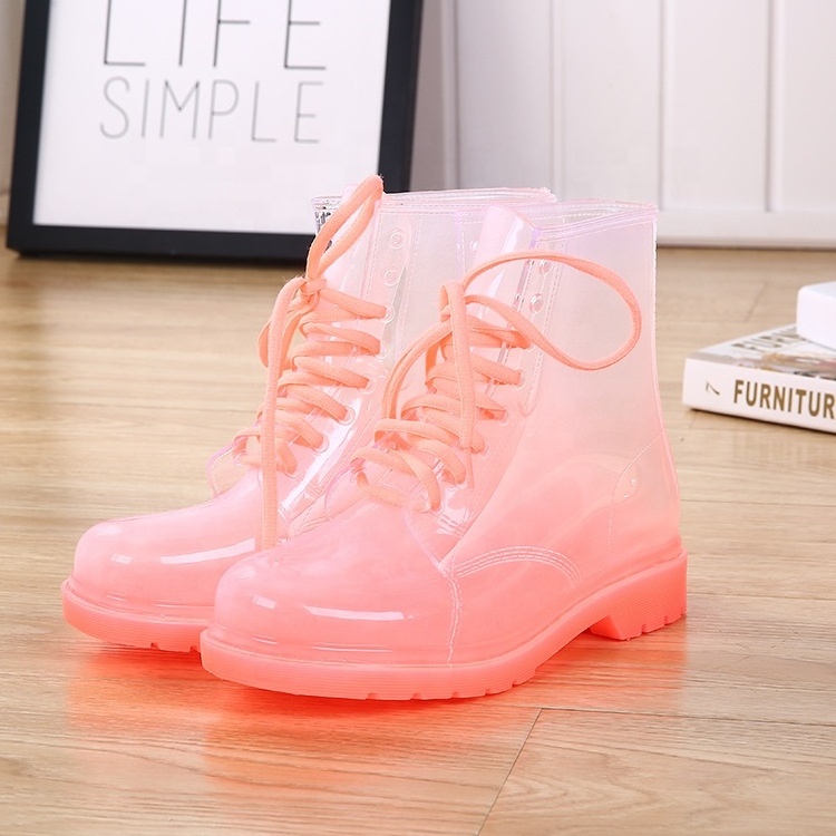 Fashion Transparent Round Toe Rain Boots 2021 Neon Color Green Pink Lace Up Clear PVC Chunky Heel Pumps Shoes Short Ankle Boots