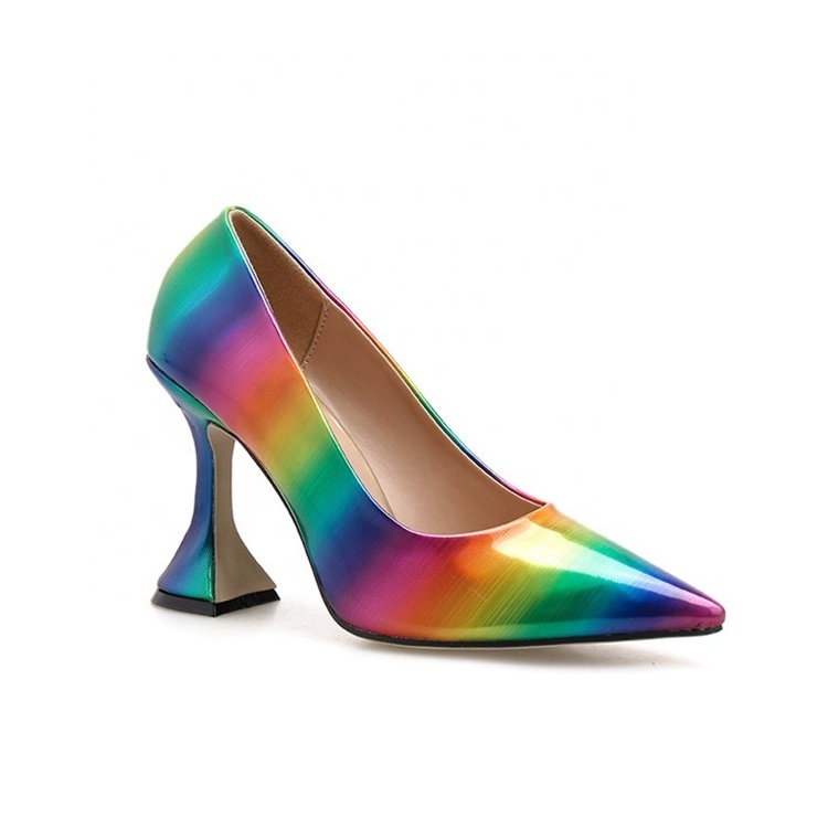 Wholesale Good Quality Cheap Shoes Women PU High Heels 2022 Arrivals Rainbow Colorful Wine Glass Heel Sexy Stiletto Dress Shoes