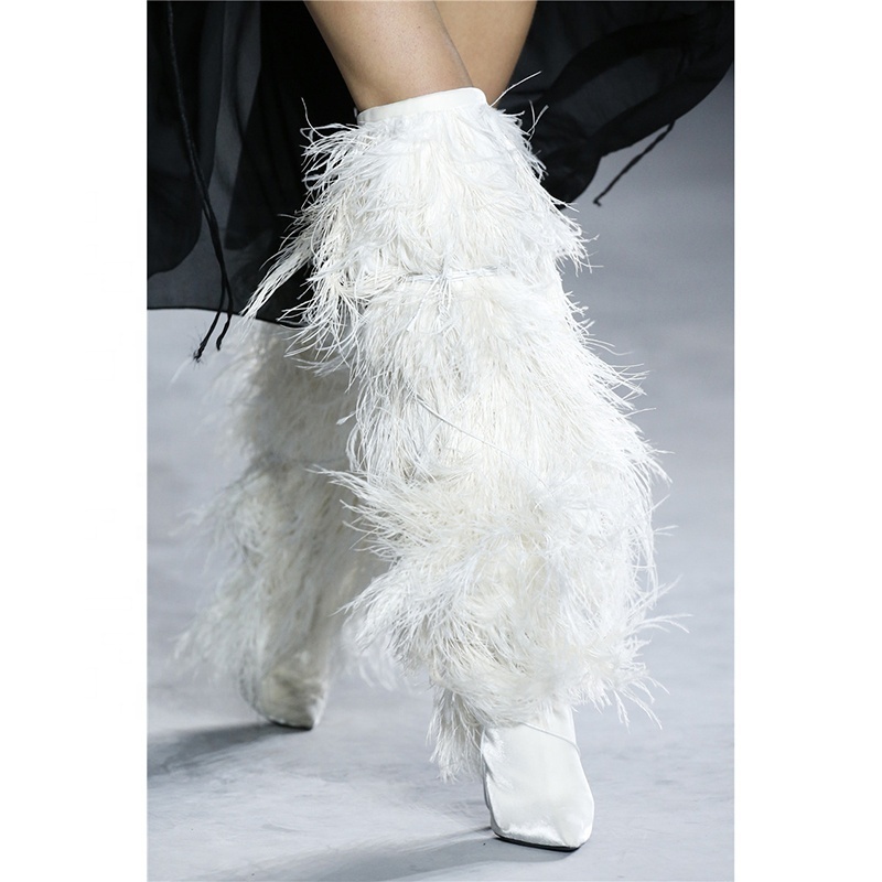 2021 Winter EU Modern Fancywork Thigh High Heel Sexy Women Boots Ostrich Feather High Heel Long Boots For Women Plus Size 34-45