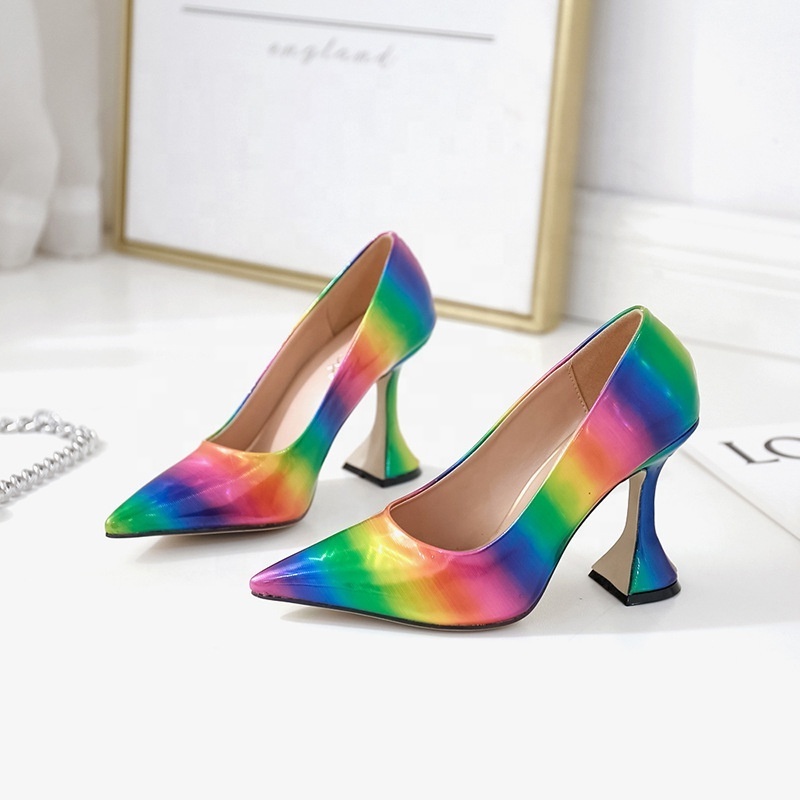 Wholesale Good Quality Cheap Shoes Women PU High Heels 2022 Arrivals Rainbow Colorful Wine Glass Heel Sexy Stiletto Dress Shoes