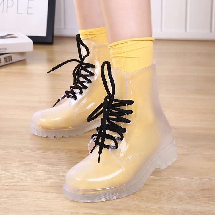 Fashion Transparent Round Toe Rain Boots 2021 Neon Color Green Pink Lace Up Clear PVC Chunky Heel Pumps Shoes Short Ankle Boots