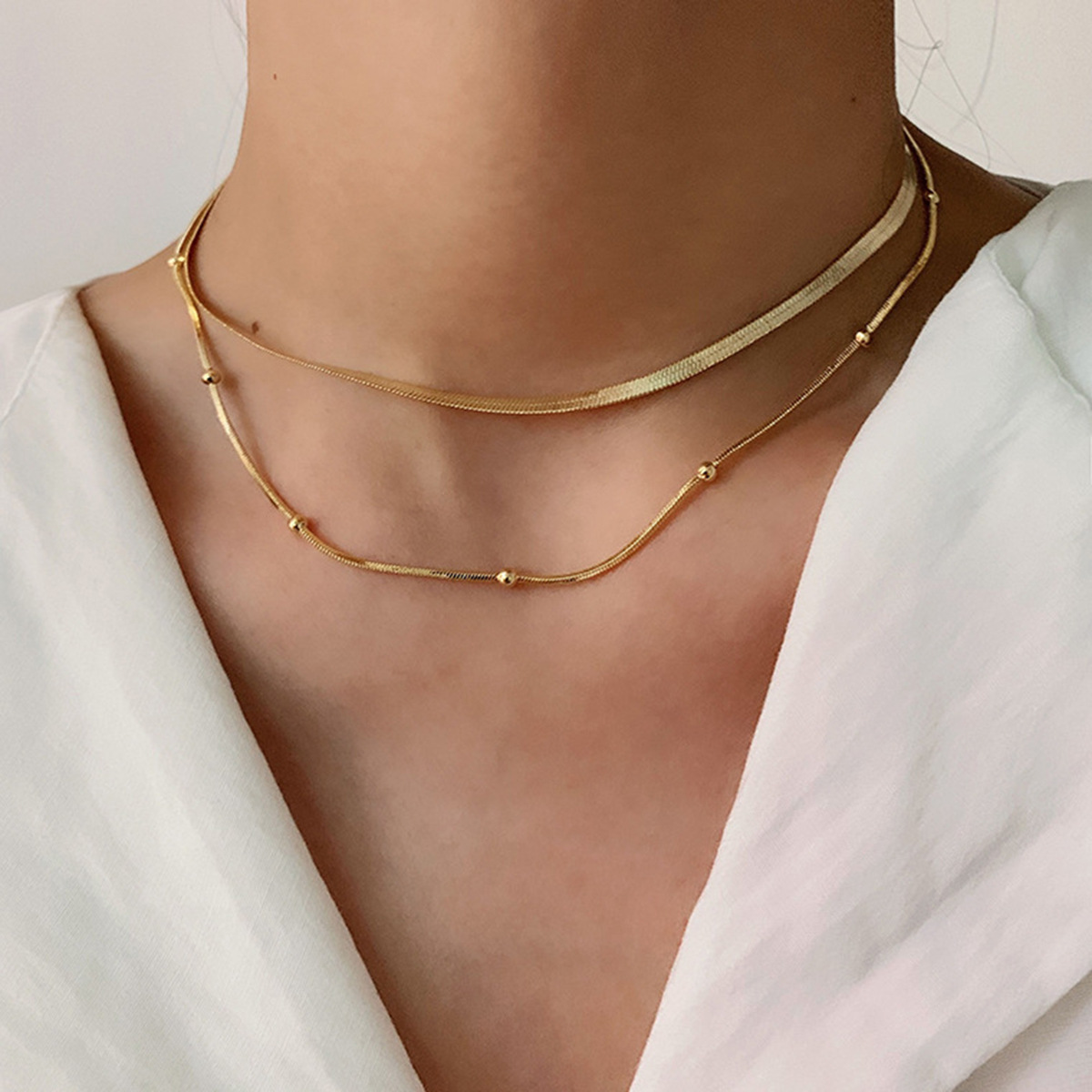 Bulk Wholesale Gold Plated Stainless Steel Necklace Chain Double Layer Necklace Fashion Women Jewelry