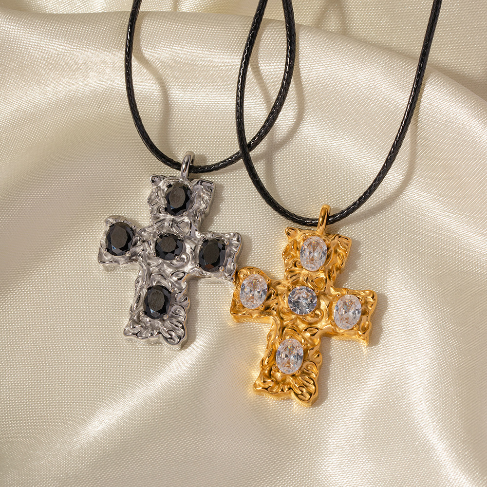 High Quality PVD Gold-Plated Stainless Steel Cross Necklace Vintage Latin Cubic Zirconia Necklace