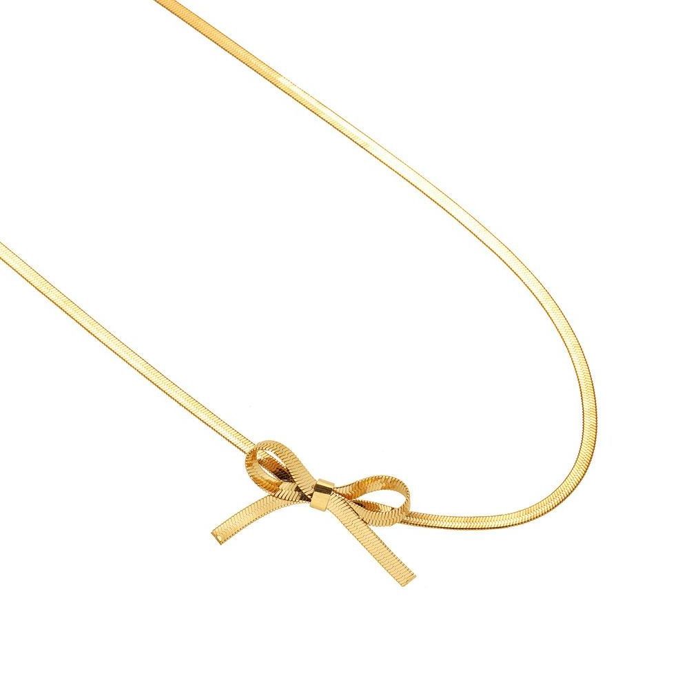 Wholesale Fine 18K Gold Plated Stainless Steel Snake Chain Choker Bowknot Pendant Necklace Jewelry for Women