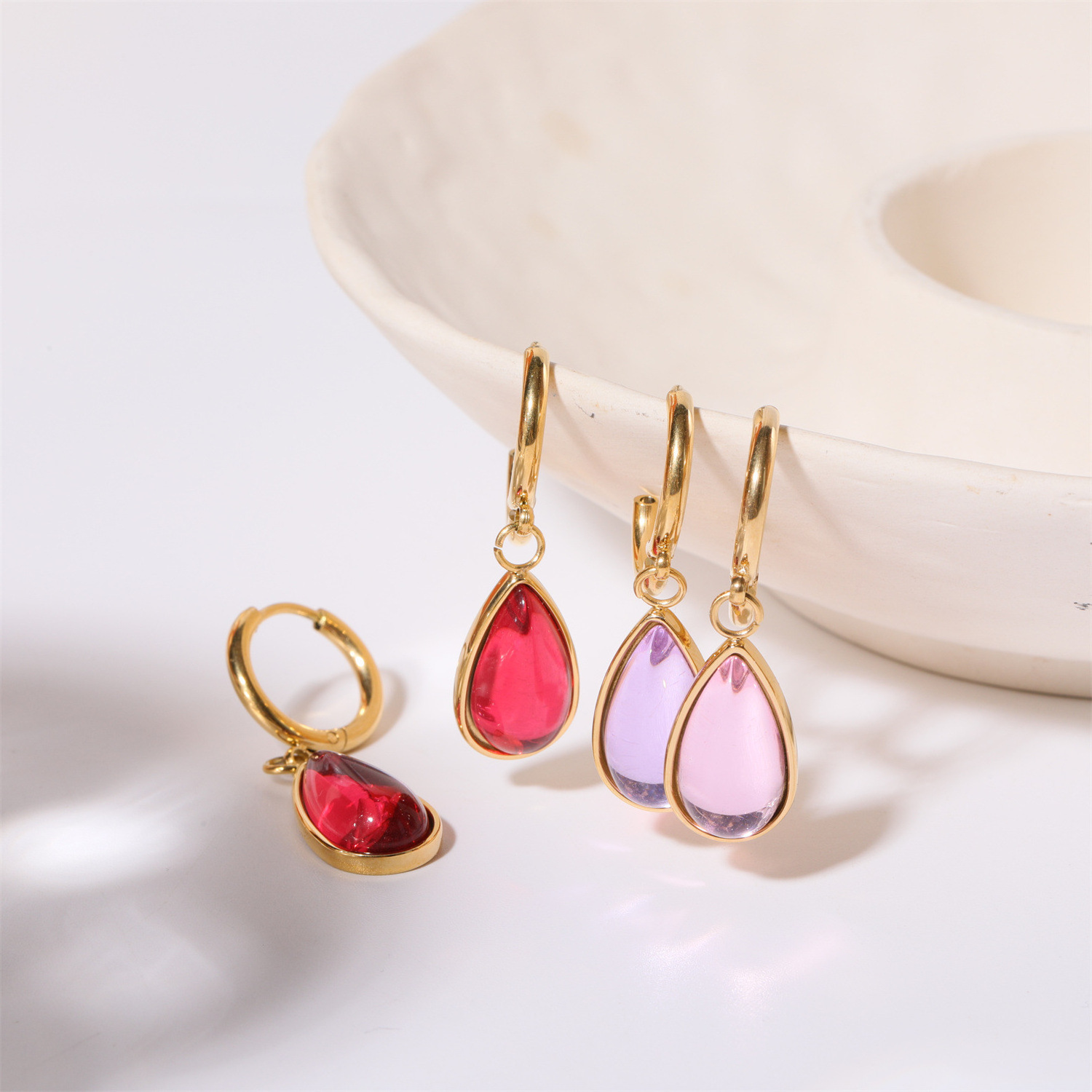 Factory Fashion Colored Water Drop Zircon Earrings Gold Plated Stainless Steel Teardrop Birthstone Hoop Earrings Women Jewelry