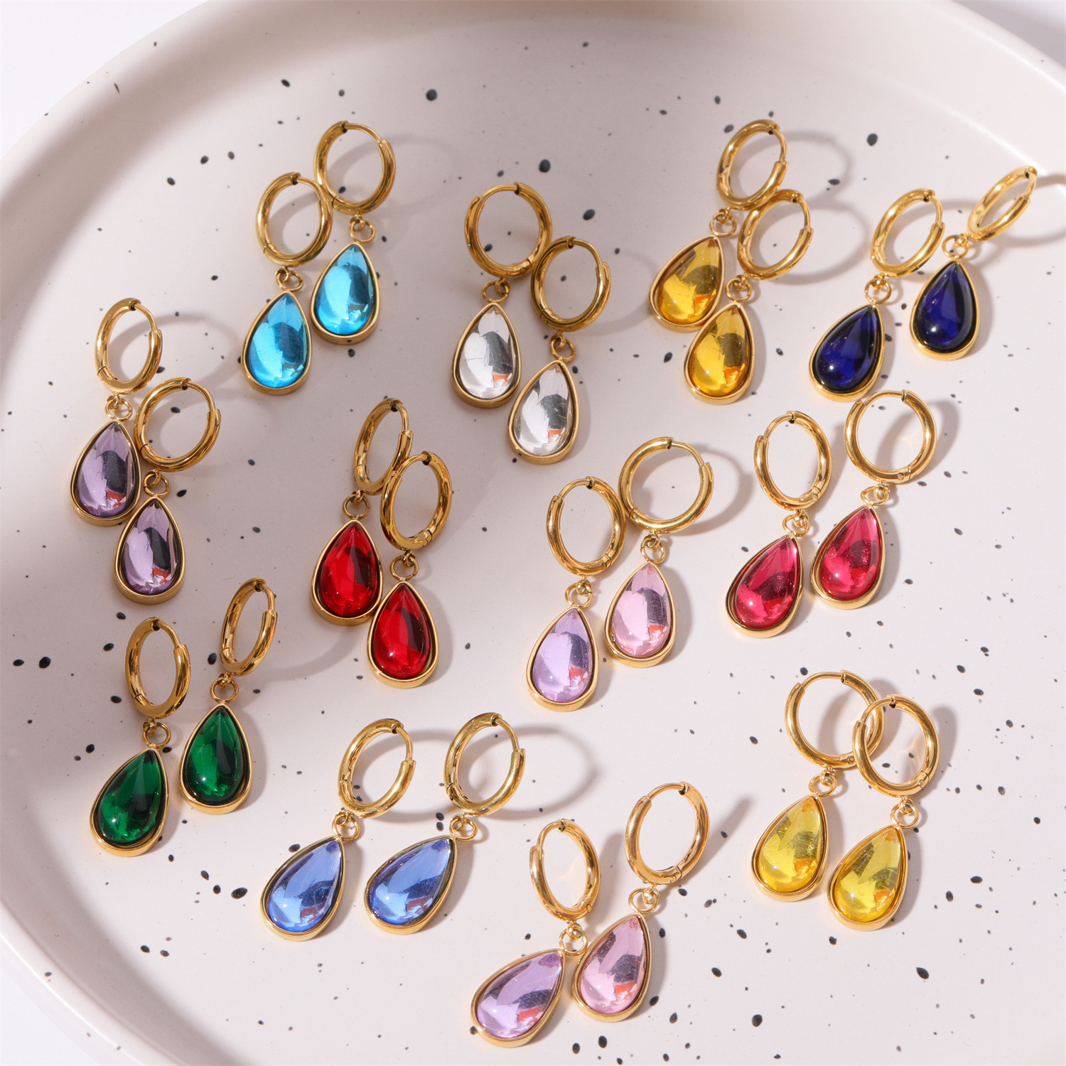 Factory Fashion Colored Water Drop Zircon Earrings Gold Plated Stainless Steel Teardrop Birthstone Hoop Earrings Women Jewelry