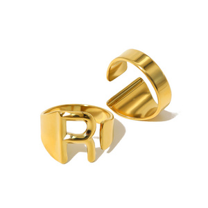 Bulk Wholesale 18K Gold Plated Initial Letter Ring Stainless Steel Open Finger Rings Adjustable For Women