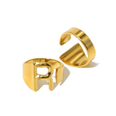 Bulk Wholesale 18K Gold Plated Initial Letter Ring Stainless Steel Open Finger Rings Adjustable For Women