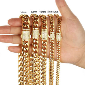 Fine Jewelry Wholesale Iced Out Cuban Chain Necklace Luxury 18K PVD Gold Plated 316L Stainless Steel Men Women Cuban Link Chain