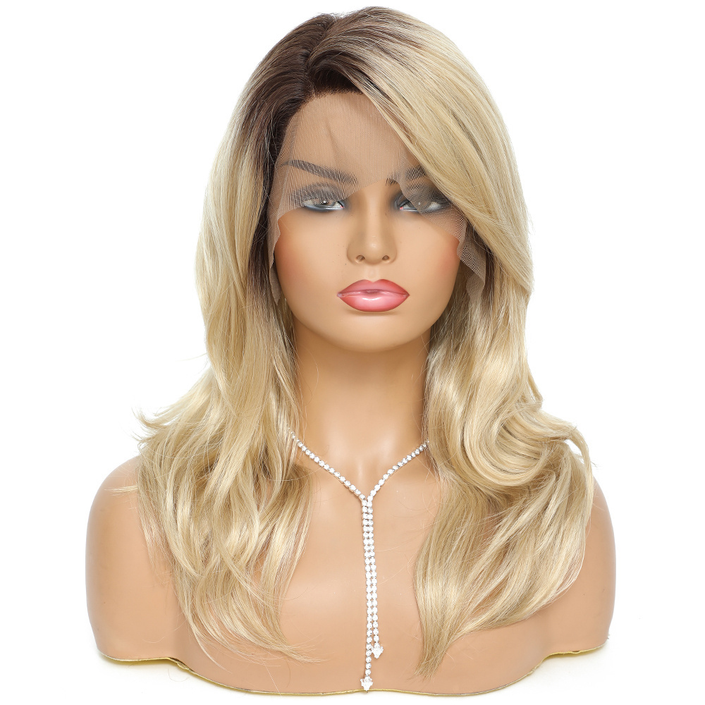 Wholesale Price Lace Front Wig Fashion Side Part Blonde Brown Roots Natural Wave Curls Synthetic Lacefront Wigs for Women Part