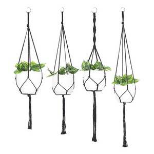 DP Black Macrame Plant Hanger Indoor Hanging Planter Basket with Wood Beads Decorative Flower Pot Holder Tassels Boho Home Decor