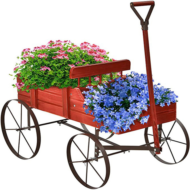 Dropshipping Wagon Planter Decorative Wooden Garden Planter with Wheels 2 Planting Sections and Adjustable Handle for Home Decor