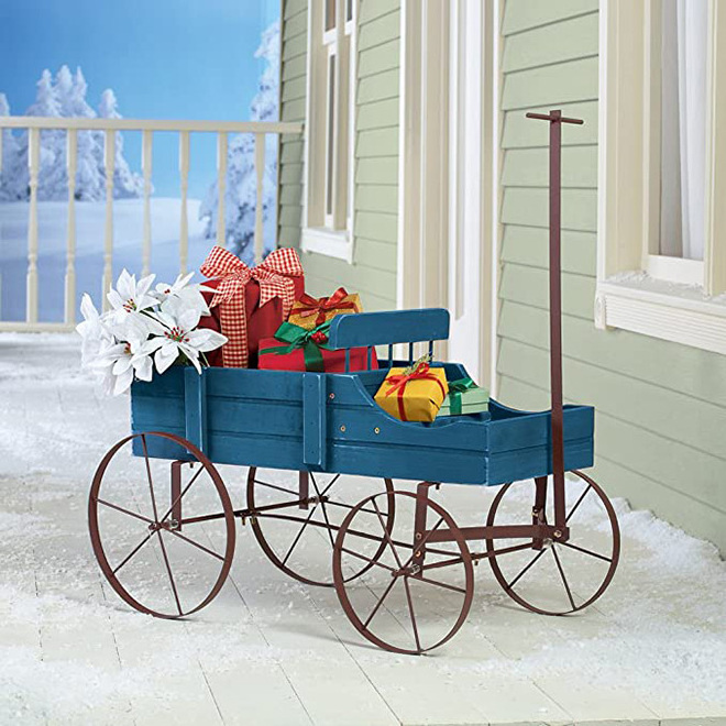 Dropshipping Wagon Planter Decorative Wooden Garden Planter with Wheels 2 Planting Sections and Adjustable Handle for Home Decor