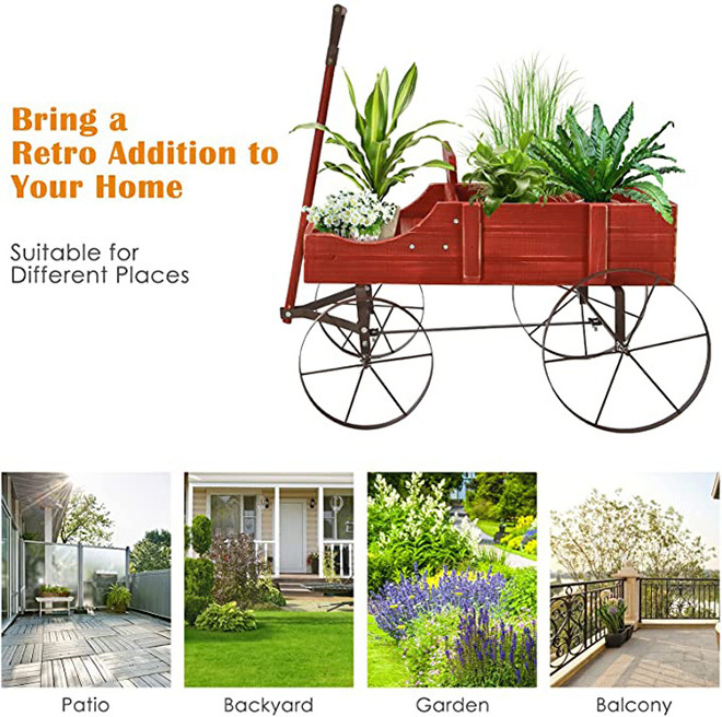 Dropshipping Wagon Planter Decorative Wooden Garden Planter with Wheels 2 Planting Sections and Adjustable Handle for Home Decor