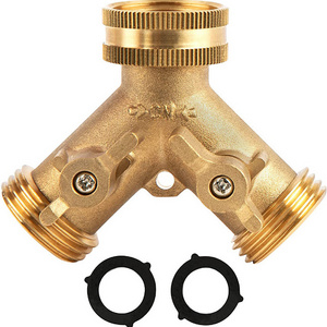 HOT 3/4" Brass Hose Adapter Connectors Shut Off Valve Hose Spigot Adapter 2 Valves Garden Hose Y Splitter for Outdoor Faucet