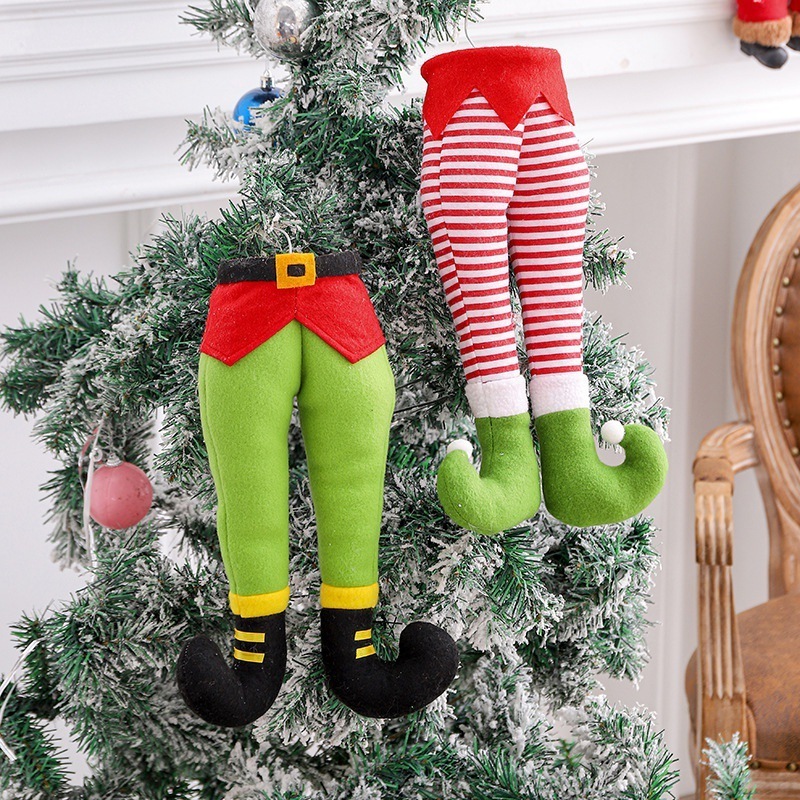 2021 New Xmas Tree Themed Ornaments,Plush Elf Legs,Cute Elf Christmas Tree Skirt with Candy Striped Legs for Home Party Decor