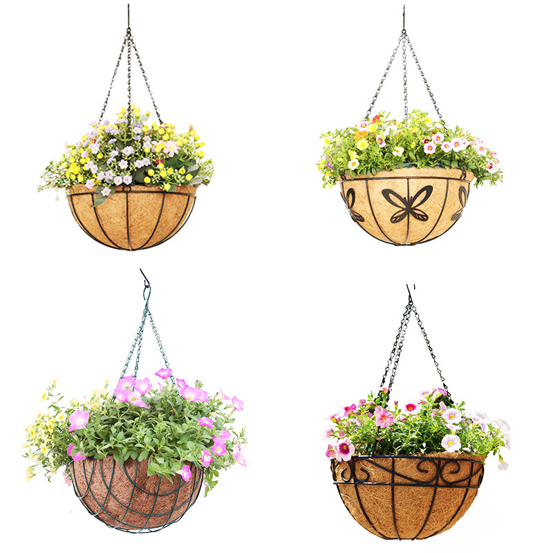 Metal Hanging Planter Basket with Coco Coir Liner Chain Round Wire Plant Holder Flower Pots Hanger Garden Decoration